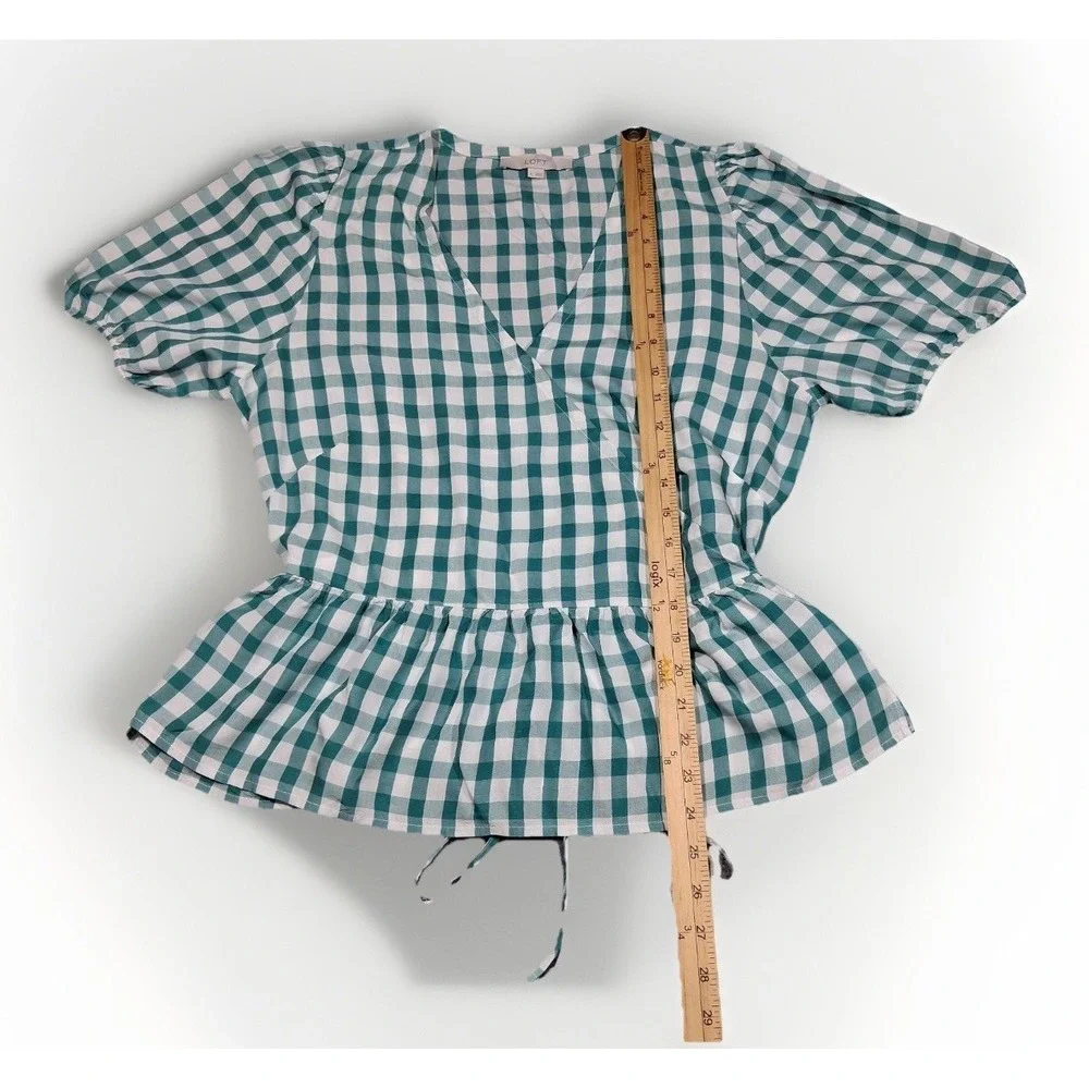 LOFT‎ Womens Green Gingham Puff Sleeve Peplum Wrap Top Size L V-Neck Tie Side